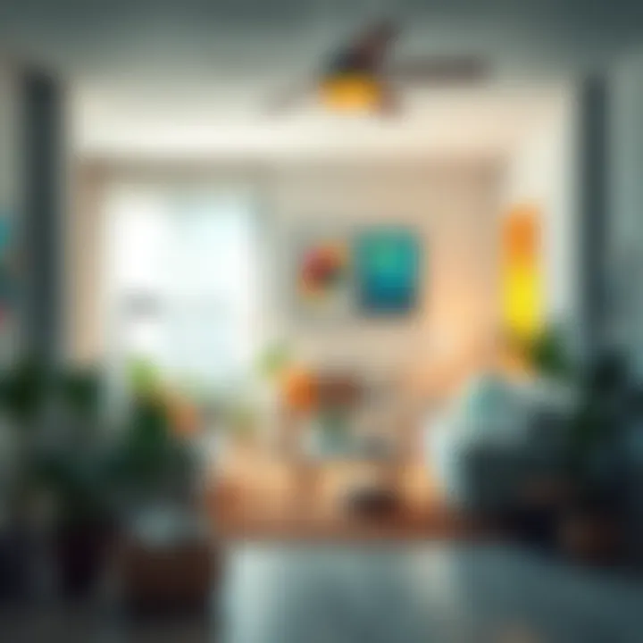 Bright living room featuring plants and colorful artwork, promoting a healthy environment