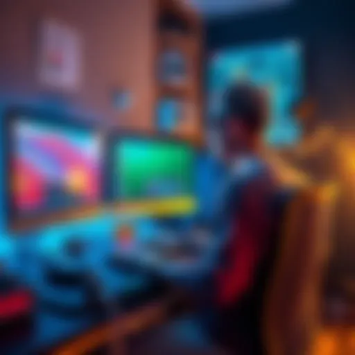 A person setting up a computer station with multiple monitors to run a validator node at home, surrounded by tech gear and cables.