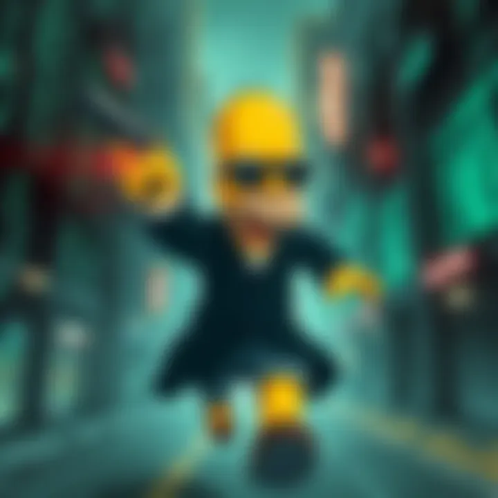 Homer Simpson dodging bullets in a computer-generated city, wearing sunglasses and a black coat