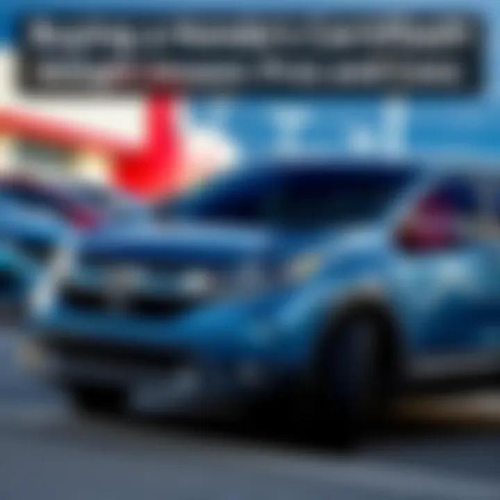 Honda CR-V on a car lot A Honda certified used CR-V parked on a dealership lot with a salesperson nearby