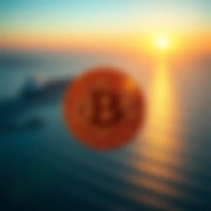 A view of the Hormuz Strait with a Bitcoin symbol overlay, illustrating the connection between the maritime route and cryptocurrency.