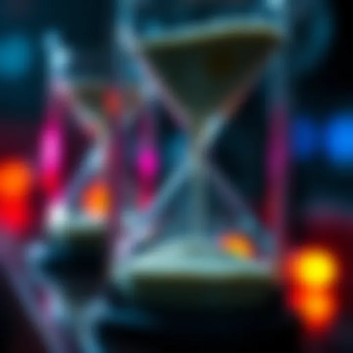 A close-up of an hourglass with sand flowing down, representing waiting and anticipation