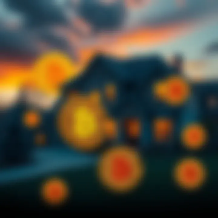 A house in the foreground with Bitcoin symbols overlayed, representing a loan taken for cryptocurrency investment