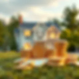A house with a stack of cryptocurrency coins in the foreground, symbolizing the use of crypto loans for home buying.
