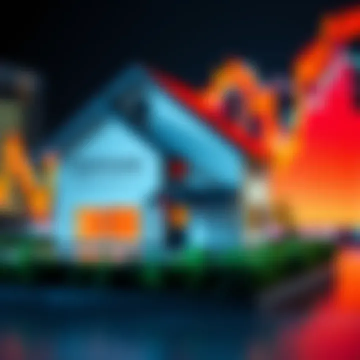 A house with a mortgage document and a fluctuating market graph in the background, symbolizing financial decisions.