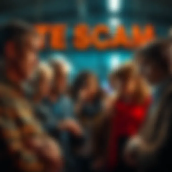 A group of concerned people discussing the HTE scam with serious expressions, emphasizing the need for accountability.