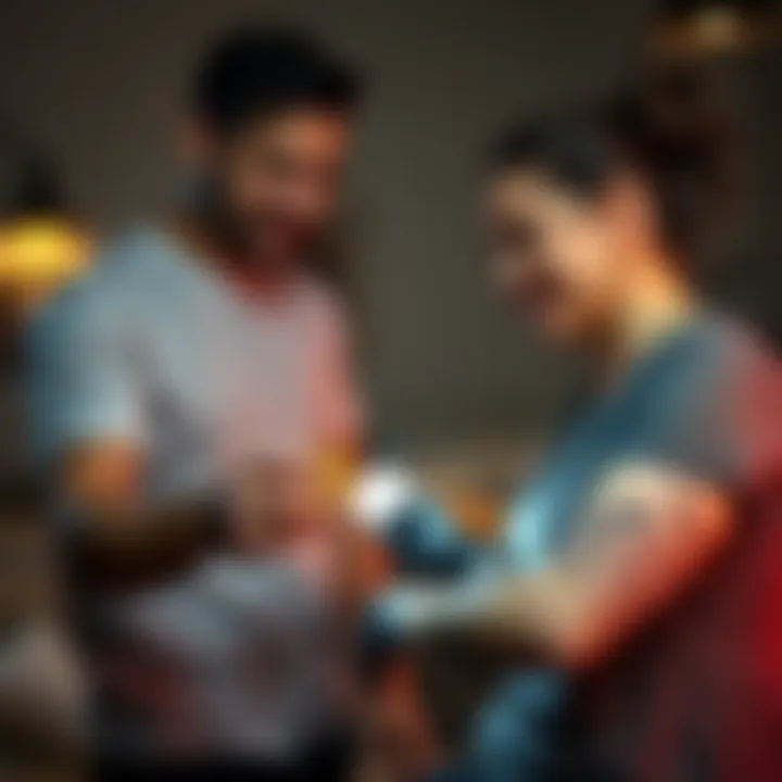 A husband smiles while handing a Bitcoin payment to a tattoo artist, who is working on his wife's arm tattoo in a cozy studio