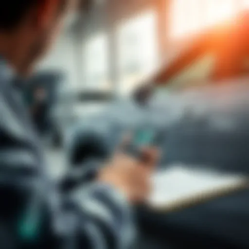 A person calculating costs next to a hybrid car, with fuel price and battery notes on a notepad.