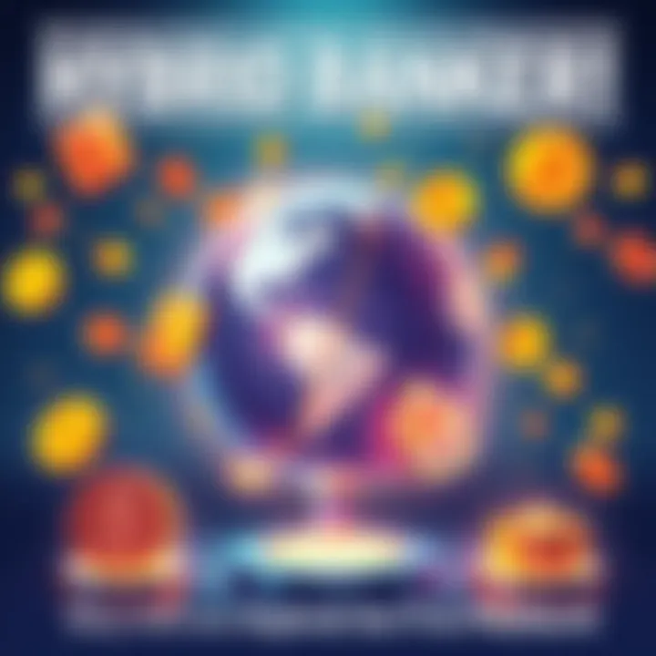 Illustration showing a blend of digital and traditional banking elements, featuring cryptocurrency symbols, a globe for international transfers, and cash yield graphics.