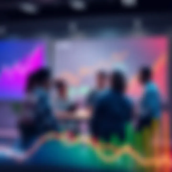 A group of people discussing investment opportunities with charts and graphs in the background