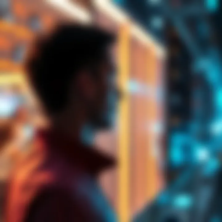 A person looking in a mirror, contemplating their identity in a modern setting filled with technology and social connections.