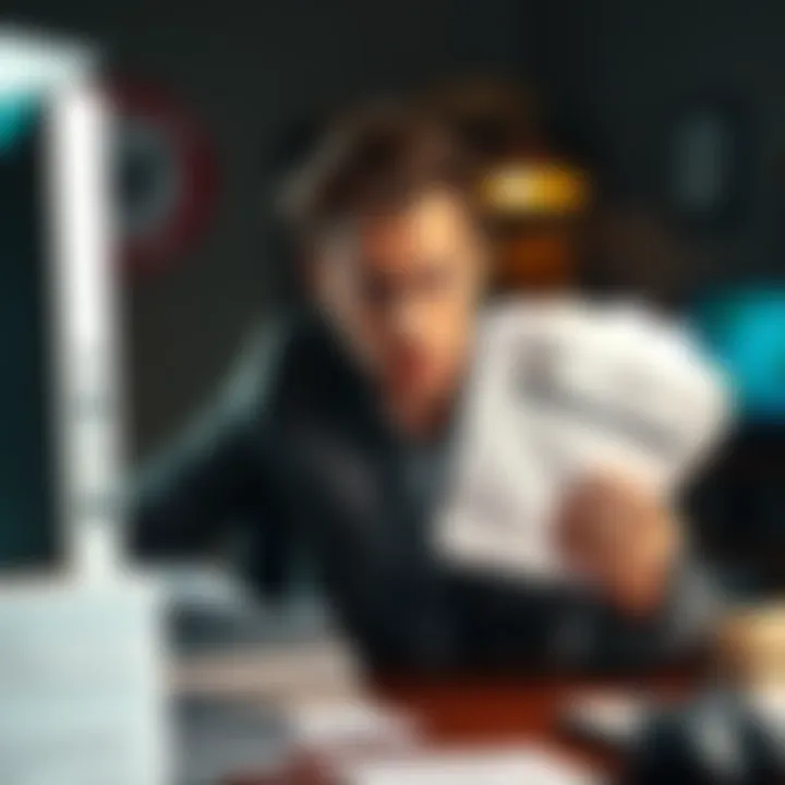 A frustrated person holding citizenship documents while seated at a desk, surrounded by papers and a computer, indicating challenges in verifying identity for citizenship