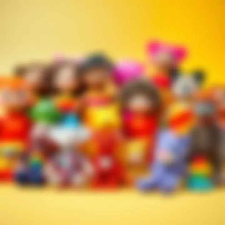 A variety of colorful toys representing different identities, focusing on inclusivity and diversity, arranged on a bright background.