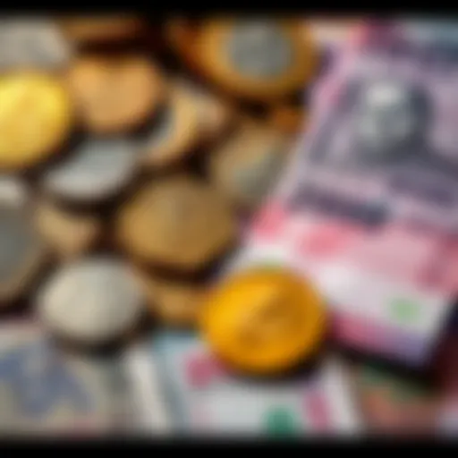 A collection of Indian coins and banknotes featuring traditional designs and figures
