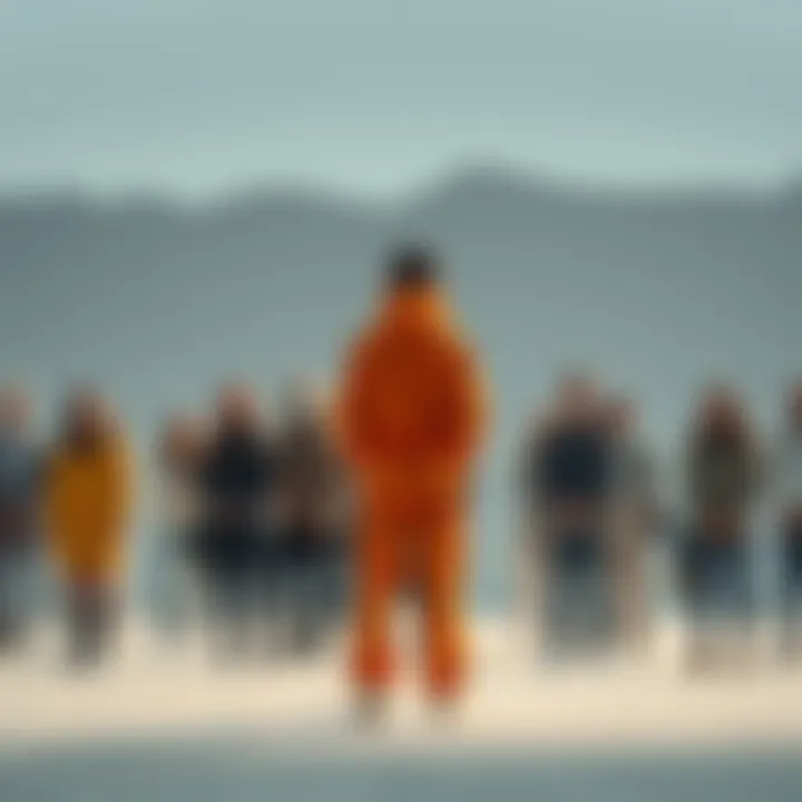 A person in bright clothing stands apart from a group of people in neutral colors, symbolizing individuality.