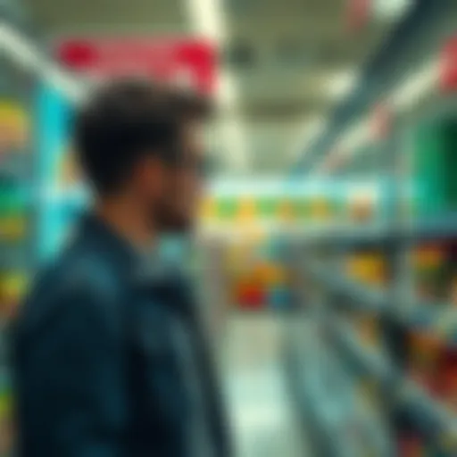 A person looking at rising prices on grocery store shelves, concerned about their budget.