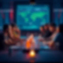 A group of diverse people discussing cryptocurrency strategies at a table with laptops and charts.