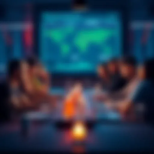 A group of diverse people discussing cryptocurrency strategies at a table with laptops and charts.