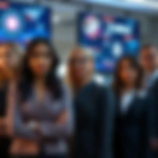 A diverse group of women in business attire, confidently discussing cryptocurrency trends and innovations, with digital screens showing crypto graphics in the background.