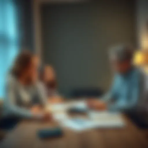 A family meeting where parents and children discuss managing an inheritance with notes and a calculator on the table