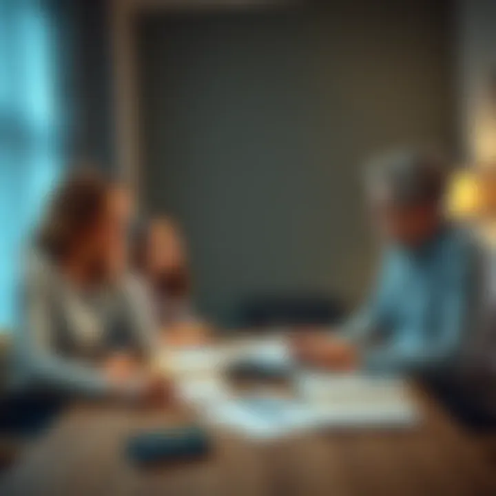 A family meeting where parents and children discuss managing an inheritance with notes and a calculator on the table