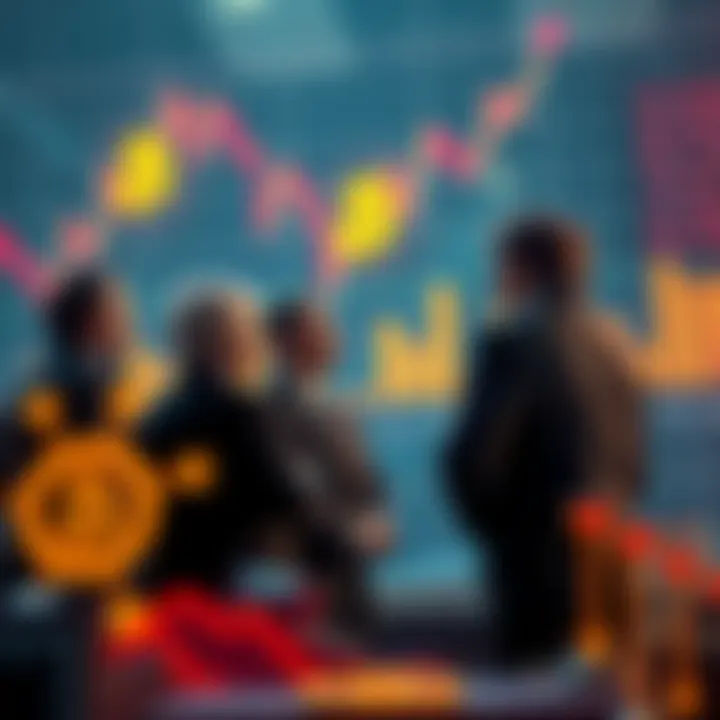 A group of wealthy insiders discussing market strategies while observing declining Bitcoin prices, with graphs showing BTC valuation drops in the background.