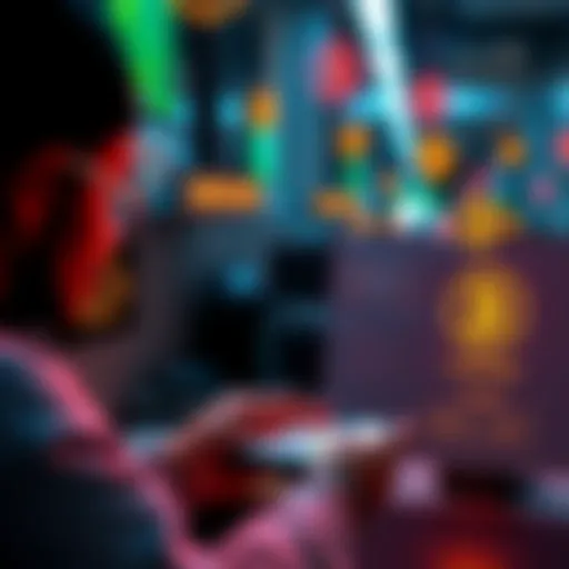 A graphic showing a merchant receiving instant BTC payments using a digital interface, with symbols representing rewards and liquidity in the background.