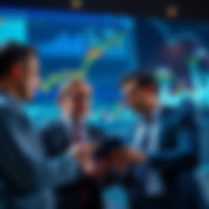 Business people discussing cryptocurrency with digital graphs in background