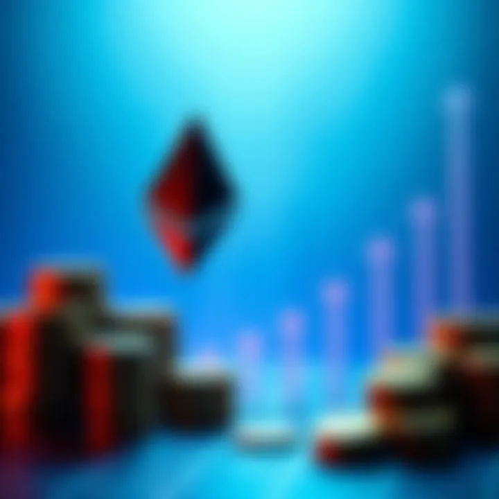 A graph showing increasing institutional investment in Ethereum despite stagnant prices, with stacks of coins and arrows pointing upward