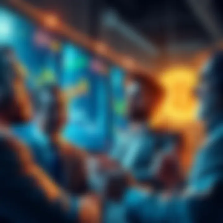 Group of investors analyzing Bitcoin trends on screens
