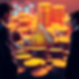 A group of business people discussing over a Bitcoin chart while piles of Bitcoin coins are in the background.