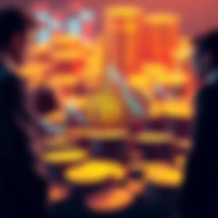 Institutional Investors Buying Bitcoin A group of business people discussing over a Bitcoin chart while piles of Bitcoin coins are in the background.