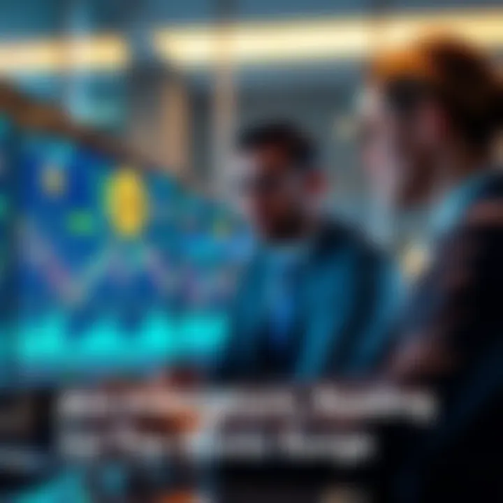Financial professionals analyzing Bitcoin and Ethereum charts with digital currency symbols on screen
