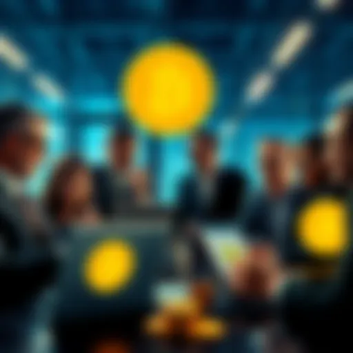 A group of business professionals discussing the purchase of Dogecoin through Grayscale ETF. Symbols of Dogecoin are visible on their laptops, showcasing institutional interest in cryptocurrency.