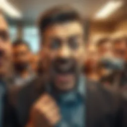 Insufferable Man A man with an exaggerated facial expression showing annoyance, surrounded by people looking frustrated.