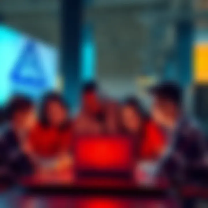 A group of friends discussing cryptocurrency with a laptop showing Monero's logo on the screen