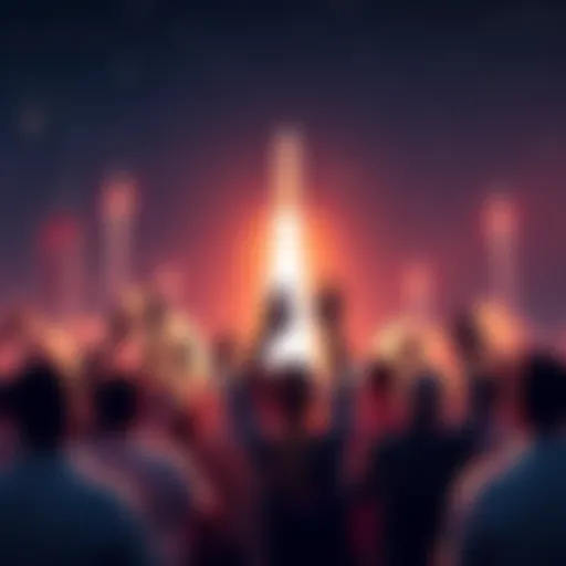 Graphic showing people celebrating the investment opportunity in SpaceX IPO with rockets and stars in the background.