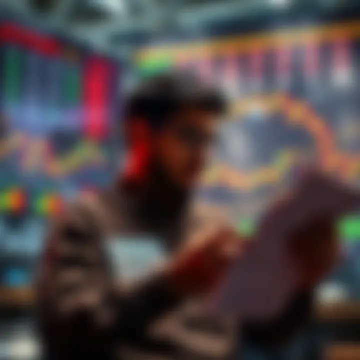 A person looking at stock market charts and pondering investment decisions with a calculator and financial documents in hand