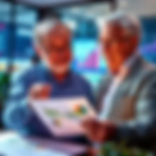 An older couple examining investment charts together, discussing strategies with excitement and focus.