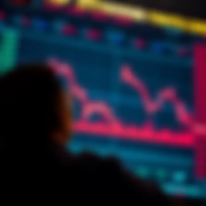 A person looking at a stock market chart with a downward trend, contemplating buying the dip after losses.