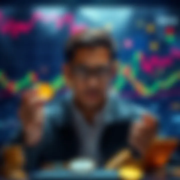 An investor weighing options to average down or cut losses on Kaspa cryptocurrency with charts and money symbols in the background