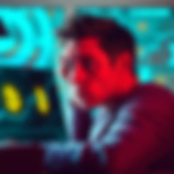 Investing Emergency Funds in Bitcoin A worried person looking at a laptop screen with Bitcoin graphics, contemplating investment decisions for emergency funds, surrounded by dollar bills.