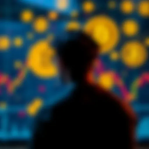 A person contemplating investment options with Bitcoin symbols and charts in the background