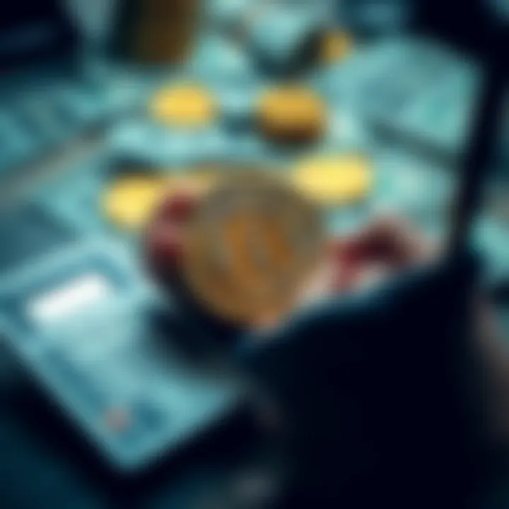 Investing in Bitcoin A person analyzing Bitcoin investment percentages with a calculator and charts, surrounded by dollar bills