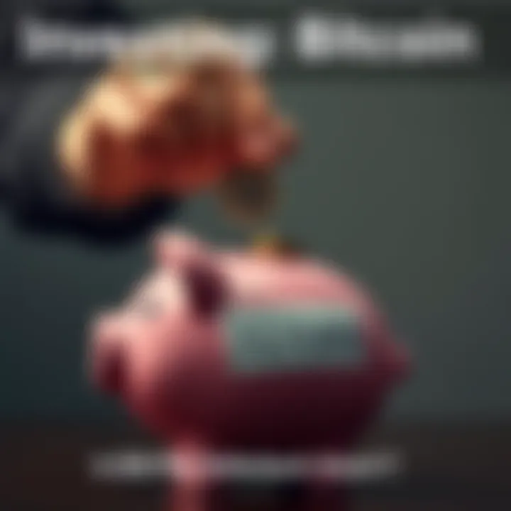 Investing in Bitcoin A person adding coins labeled Bitcoin into a piggy bank representing saving for retirement