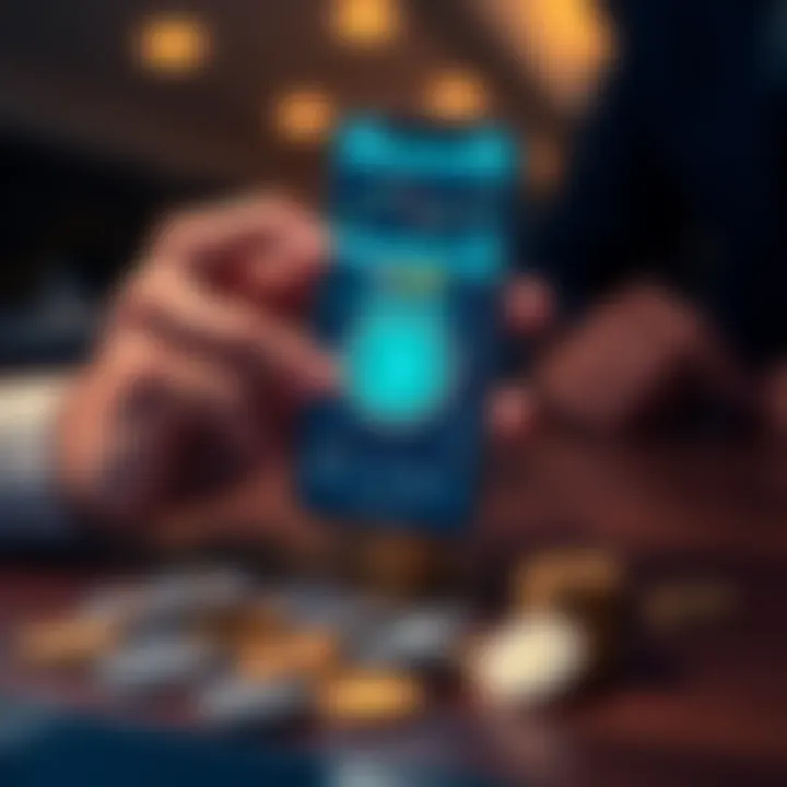 A person holding a smartphone displaying a Bitcoin wallet while counting coins on a table, representing small investments each paycheck