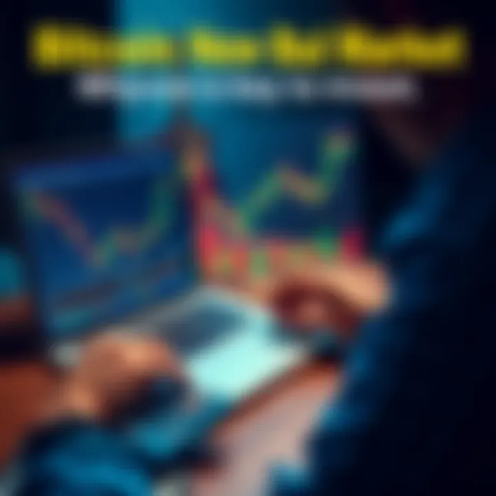 A person examining a chart showing Bitcoin price trends with a laptop and calculator on a desk