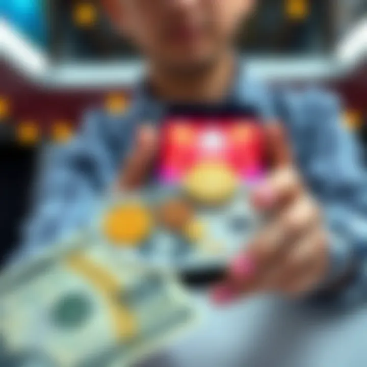 A person holding a smartphone displaying various crypto coins and a $100 CAD bill in the foreground.