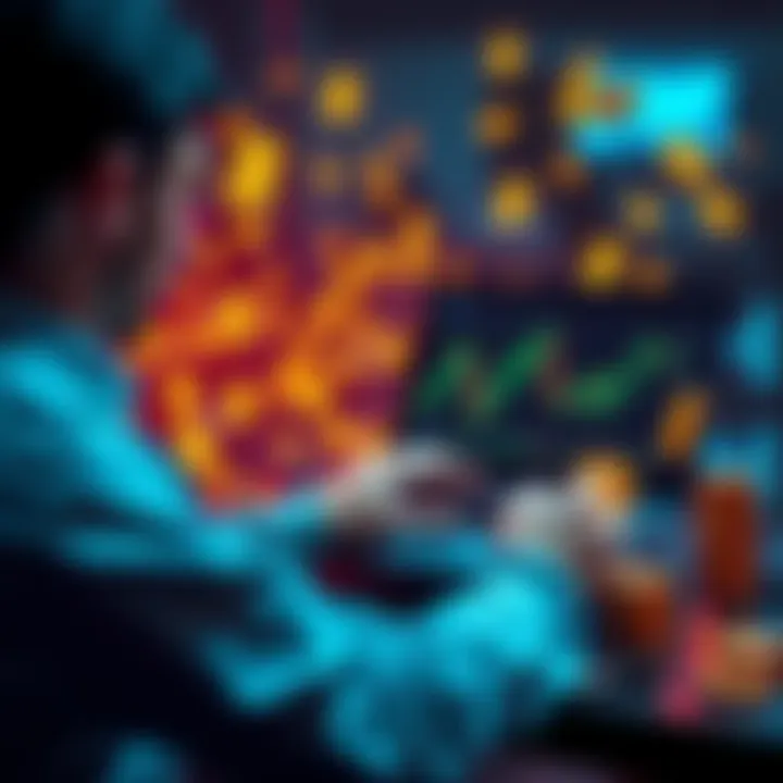 A person analyzing crypto charts on a laptop with dollar signs and coins surrounding them