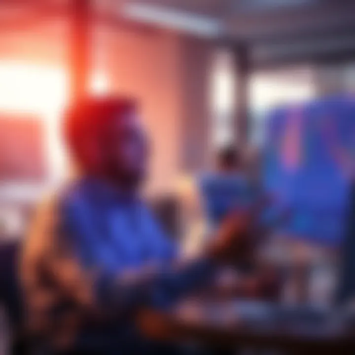Investing in Cryptocurrencies A person analyzing charts and graphs on cryptocurrencies like BTC, ETH, and DOGE, showing potential investment insights in a modern office setting.